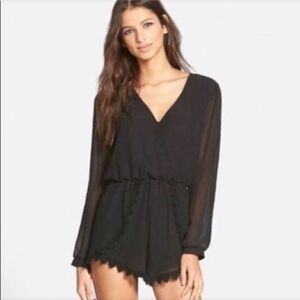ASTR Black Lace Chiffon Jumpsuit Romper Puffy Sleeves